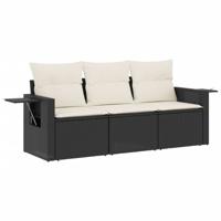 3-delige Loungeset met kussens poly rattan zwart - thumbnail
