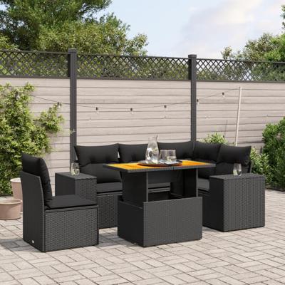 6-delige Loungeset met kussens poly rattan zwart