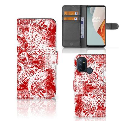Telefoonhoesje met Naam OnePlus Nord N100 Angel Skull Rood | Portemonnee hoesje Telefoonhoesje met Naam OnePlus Nord N100 Angel Skull Rood | Portemonnee hoesje