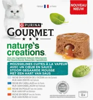 GOURMET Nature's Creations Mousse met Hart van Saus, Rijk aan Rund met tomaat, Rijk aan Kip met wortelen, Rijk aan Kabeljauw met pastinaak, Rijk aan zeevis met spinazie 85g - thumbnail