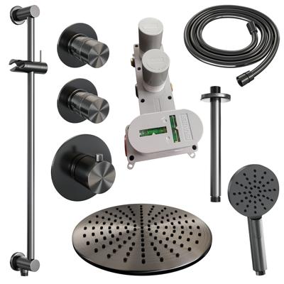 BRAUER Gunmetal Edition thermostatische inbouw regendouche SET 24 met 30 cm douchekop en plafondarm en 3-standen handdouche en doucheslang en geïntegreerde glijstang gunmetal geborsteld PVD BRAUER Gunmetal Edition thermostatische inbouw regendouche SET 24 met 30 cm douchekop en plafondarm en 3-standen handdouche en doucheslang en geïntegreerde glijstang gunmetal geborsteld PVD