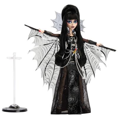 Monster High Pop, Elvira, Meesteres van het Duister, verzamelobject in zwarte jurk van kunstleer, met zilverkleurige vleermuisvleugelcape en premium accessoires, HYV99