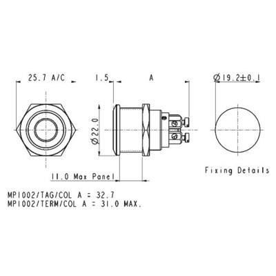 Bulgin MPI002/TERM/RD MPI002/TERM/RD Vandalismebestendige druktoets 24 V/DC 0.05 A 1x uit/(aan) Moment Rood (Ø x l) 22 mm x 31 mm IP66 1 stuk(s)