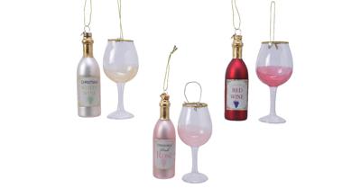 Kerstballen glas kadoset wijnfles en wijnglas 1 stuk