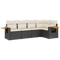 5-delige Loungeset met kussens poly rattan zwart - thumbnail