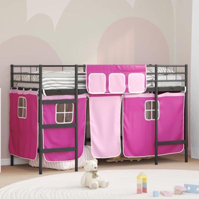 Loftbedframe voor Kinderen met Gordijnen Zwart en Roze