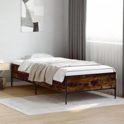 Bedframe bewerkt hout en metaal gerookt eikenkleurig 90x190 cm Bedframe bewerkt hout en metaal gerookt eikenkleurig 90x190 cm