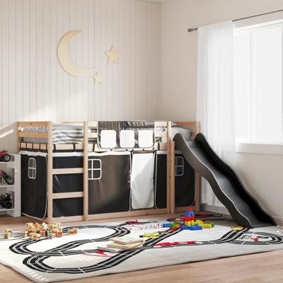 Stapelbed met glijbaan en gordijnen wit en zwart 90x200 cm