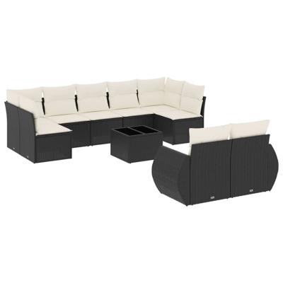 10-delige Loungeset met kussens poly rattan zwart