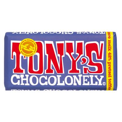 Chocolade Tony's Chocolonely donker melk pretzel toffee reep 180gr | 15 stuks Chocolade Tony's Chocolonely donker melk pretzel toffee reep 180gr | 15 stuks