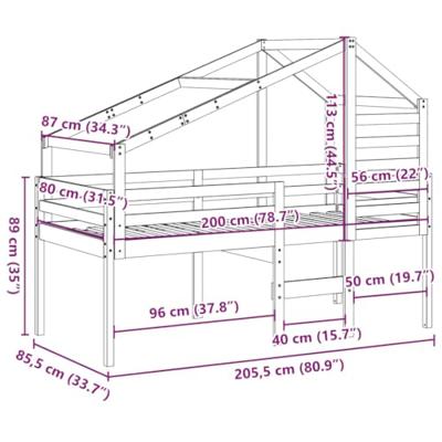 Hoogslaper met bedhuis massief grenenhout 80x200 cm