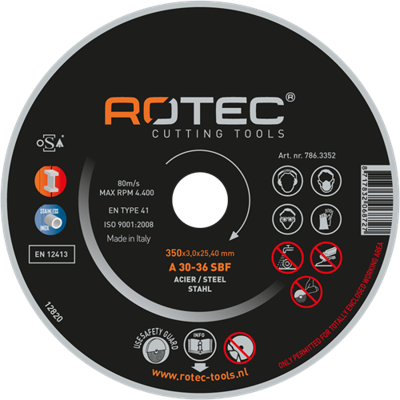 Rotec grote doorslijpschijf t.b.v. staal | 350 x 4,0 x 25,40 mm 786.3502 Rotec grote doorslijpschijf t.b.v. staal | 350 x 4,0 x 25,40 mm 786.3502