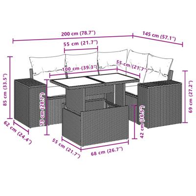 5-delige Loungeset met kussens poly rattan zwart - thumbnail