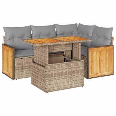 5-delige Loungeset met kussens poly rattan beige