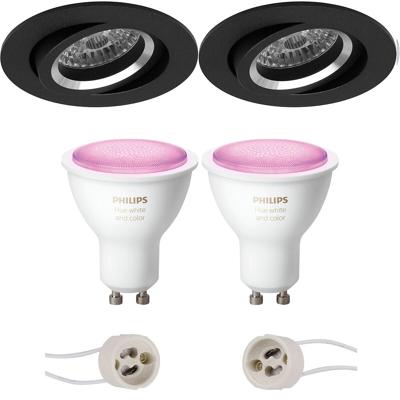 Pragmi Aerony Pro - Inbouw Rond - Mat Zwart - Kantelbaar - Ø82mm - Philips Hue - LED Spot Set GU10 - White and Color Ambiance - Bluetooth