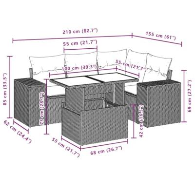 5-delige Loungeset met kussens poly rattan grijs