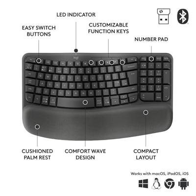 Logitech Wave Keys Business toetsenbord Draadloos Grafiet UK International Logitech Wave Keys Business toetsenbord Draadloos Grafiet UK International