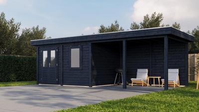 Lugarde Select Apeldoorn Modern tuinhuis met overkapping 300x250 cm + overkapping 400 cm 28 mm vuren blank