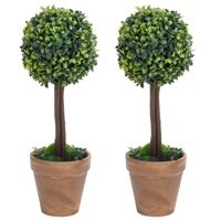 Kunstplanten met pot 2 st buxus bolvorming 56 cm groen - thumbnail