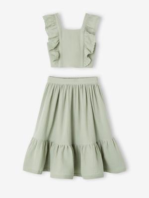Ceremonie-set blouse en rok met volant voor meisjes saliegroen Ceremonie-set blouse en rok met volant voor meisjes saliegroen