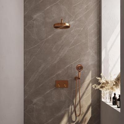 Brauer Stripe thermostatische inbouw regendouche met drukknoppen SET 29 met 25 cm douchekop en gebogen muurarm en 3-standen handdouche en doucheslang en wandaansluitbocht koper geborsteld PVD