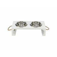 Trixie be nordic set voerbak / waterbak hout / rvs wit - thumbnail