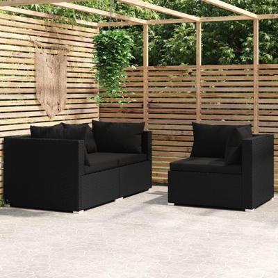 3-delige Loungeset met kussens poly rattan zwart 3-delige Loungeset met kussens poly rattan zwart