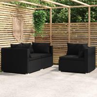 3-delige Loungeset met kussens poly rattan zwart - thumbnail