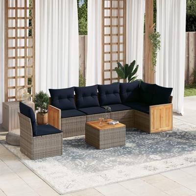 7-delige tuinbankset met kussens, grijs polyrotan