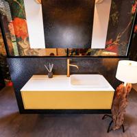 Badkamermeubelset Mondiaz Erin 120 cm met 1 Lade met RIDGE Wastafel Rechts Talc met 1 kraangat Greeploos Mat Ocher - thumbnail