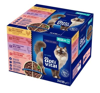 OPTIVITAL Box with chicken, beef, lamb, salmon - nat kattenvoer - 24x85g
