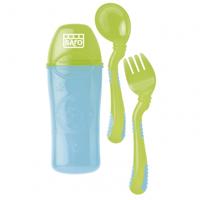 Saro vork en lepel in opbergdoosje ergonomisch groen/blauw - thumbnail