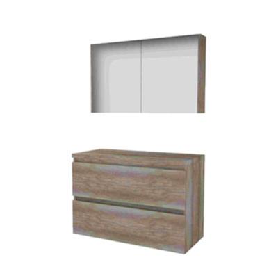 Basic-Line Comfort 46 Badkamermeubelset - 100 x 46 cm - Greeploos - 2 Lades - Wastafelblad - Spiegelkast - Scotch Oak