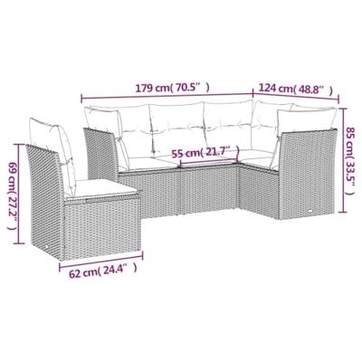 5-delige Loungeset met kussens poly rattan beige