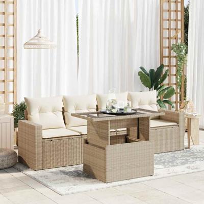 5-delige Loungeset met kussens poly rattan beige - thumbnail