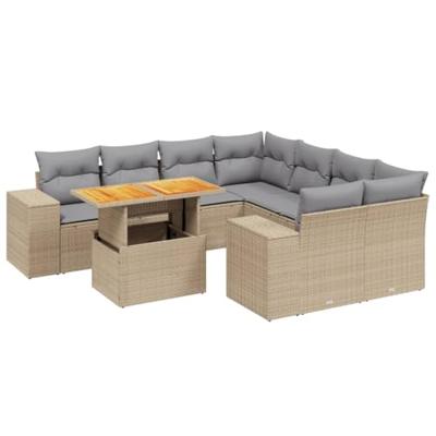 9-delige Loungeset met kussens poly rattan beige