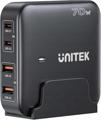 GaN netvoeding oplader - Unitek P1228ABK01-EU | 70W 2x USB-C 2x USB-A
