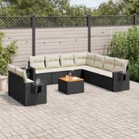 10-delige Loungeset met kussens poly rattan zwart - thumbnail
