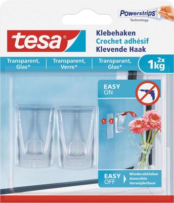 Tesa Klevende haak voor Transparant en Glas, draagvermogen 1 kg, blister van 2 stuks