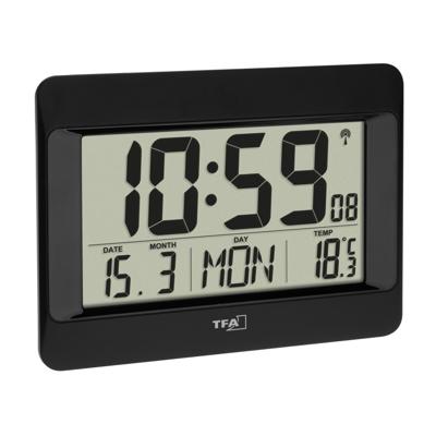 TFA Dostmann 60.4519.01 Wandklok Zendergestuurd 21.5 cm x 2.6 cm x 16 cm Zwart Groot display
