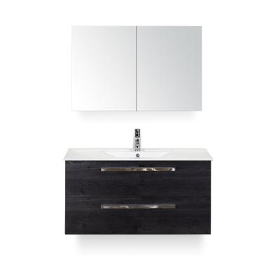 Seville Badmeubelset 100 cm - Black Oak - Keramische Wastafel Wit Enjoy - met Spiegelkast