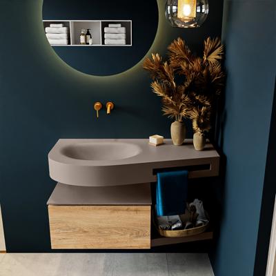 MONDIAZ RIVA 100cm badmeubel onderkast / planchet kleur Washed_Oak met 1 lade. Wastafel DULCET links 0 kraangaten kleur Smoke.