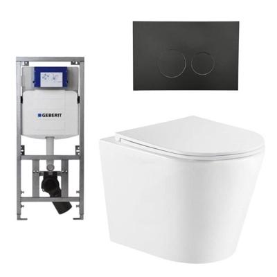 QeramiQ Dely Toiletset - 36.3x51.7cm - diepspoel - rimless - Geberit UP320 inbouwreservoir - met Burda frame - softclose toiletzitting - mat zwarte bedieningsplaat - ronde knoppen - wit mat SW1000766/0701131/SW706192/SW1026254