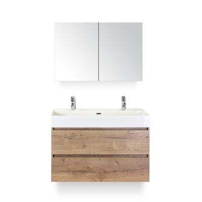 Maxx XL Badmeubelset 100 cm - Natuur Eiken - Wastafel Kube 2 kraangaten - met Spiegelkast