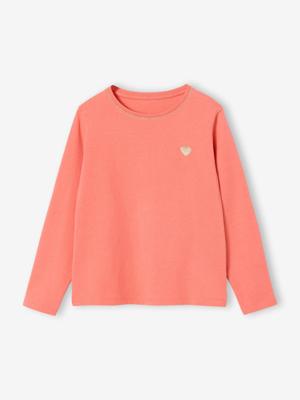 T-shirt Basics met hartjes en pailletten en lange mouwen koraal