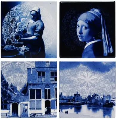 Heinen Delfts Blauw onderzetter keramiek vermeer 10x10x0.5cm delfts blauw 4 stuks