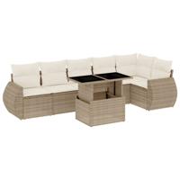 7-delige Loungeset met kussens poly rattan beige - thumbnail