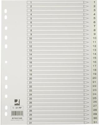 Q-CONNECT tabbladen, A4, PP, 11-gaatsperforatie, met indexblad, set van 1-31, wit