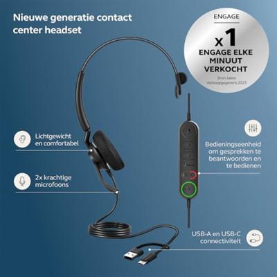 Jabra Engage 40 On Ear headset Kabel Mono Zwart Ruisonderdrukking (microfoon), Noise Cancelling Headset, Mono, Volumeregeling, Microfoon uitschakelbaar (mute)