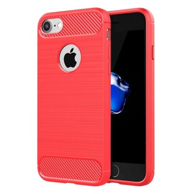 iPhone 7 & 8 Geborsteld koolstofvezel structuur robuust TPU back cover Hoesje (rood)